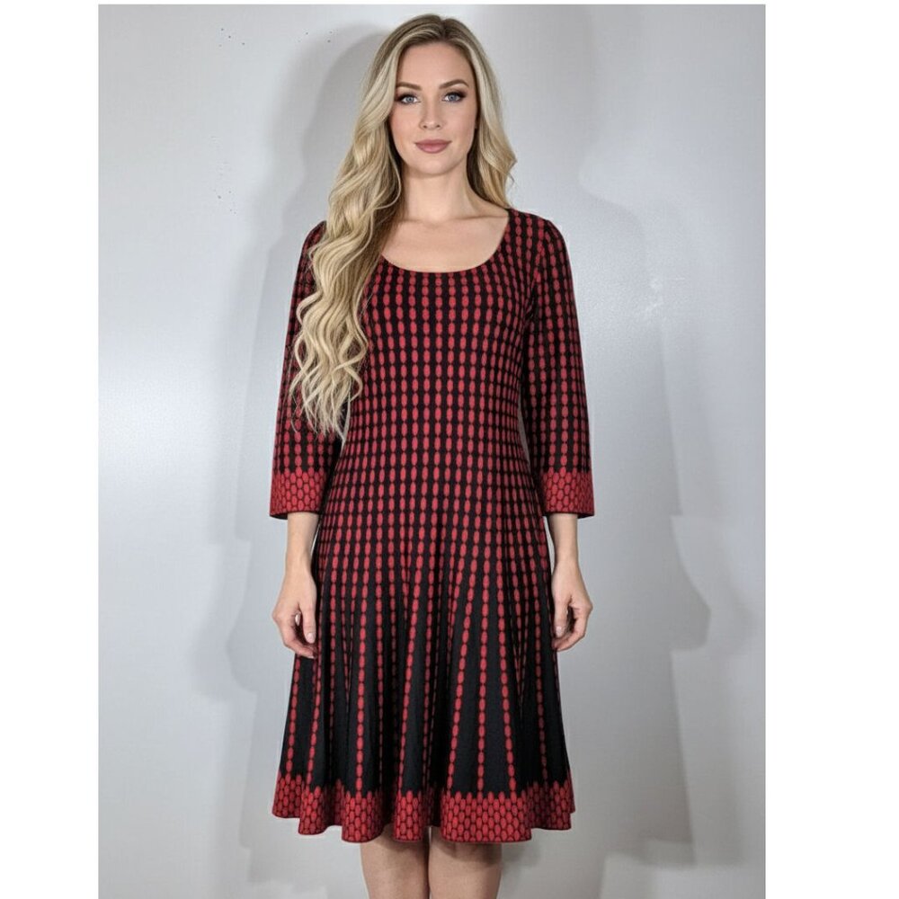St. John Long Sleeve Skater/ Fit and Flare Knit Dress, Black & Red , Size 10
